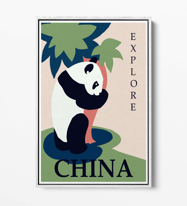 Vintage Travel Poster – Retro Wall Art Panda Canvas Print With Float Effect Frame