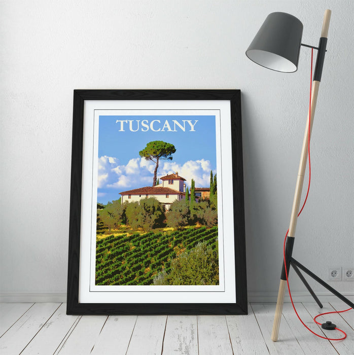 VINTAGE RETRO TUSCANY TRAVEL POSTER -FRAMED WALL ART PICTURE PRINT- BLUE