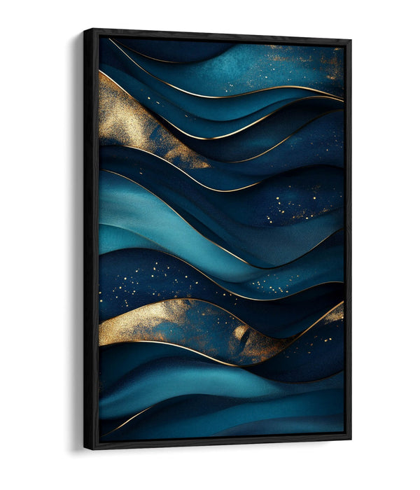Canvas Wall Art - Blue Gold Wavy Pattern Abstract Print | Float Effect, Ready To Hang