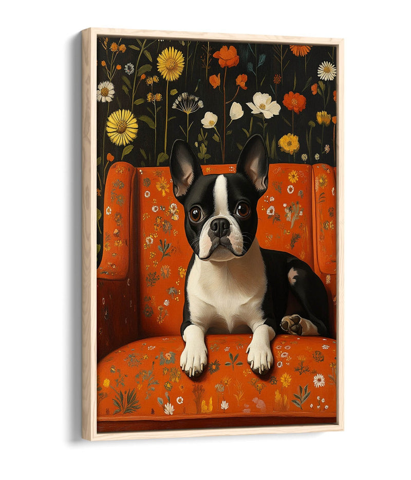 Floral Canvas Wall Art - Cute French Bulldog Print | Float Effect Canvas, Vibrant Color Artwork