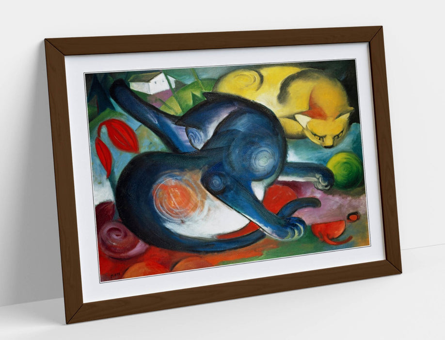 Framed Wall Art Poster – Two Cats Blue Yellow Print | Handmade MDF Wood Frame