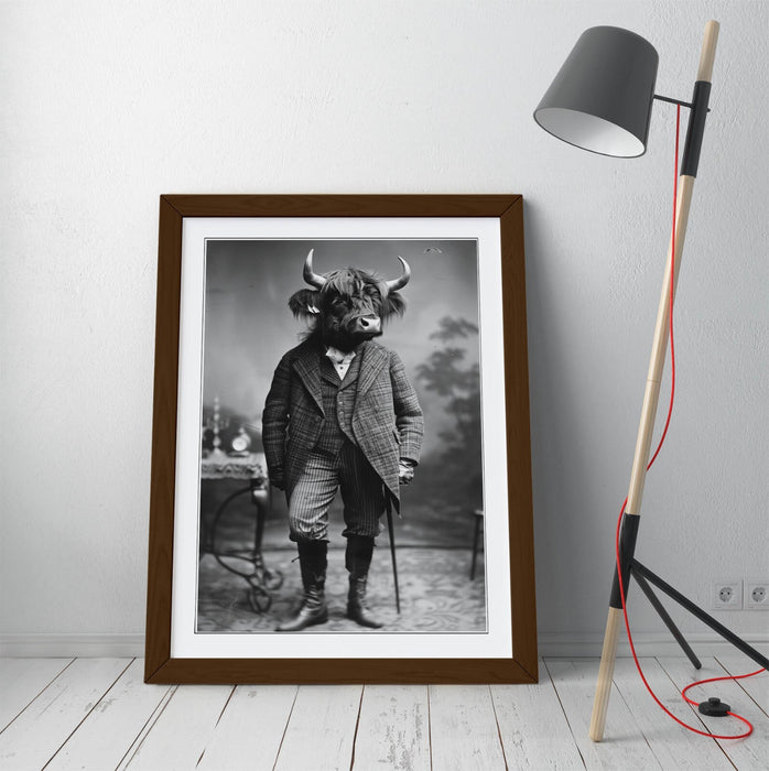 Highland Cow Wall Art – Framed Animal Poster with Woodgrain Frame, Matte Finish