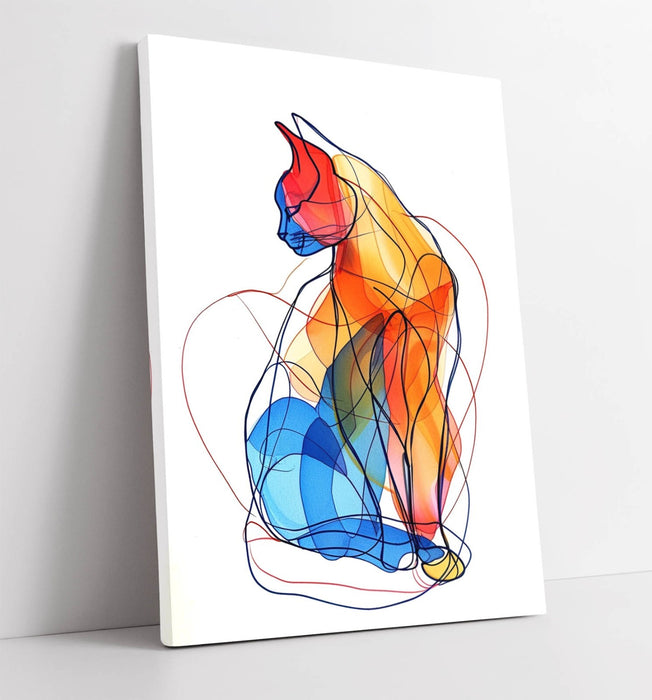Abstract Cat Canvas - Orange Blue Line Drawing Wall Art | Handmade UK Print