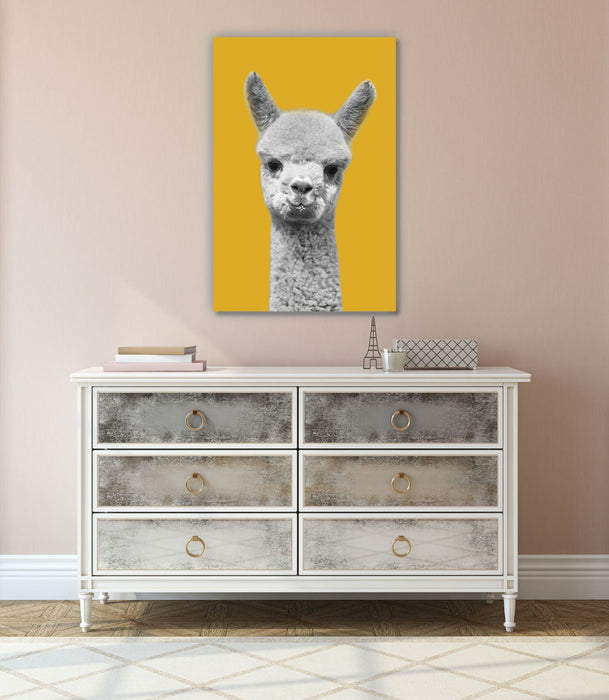 Canvas Wall Art – Happy Baby Alpaca Black White Mustard Yellow Print