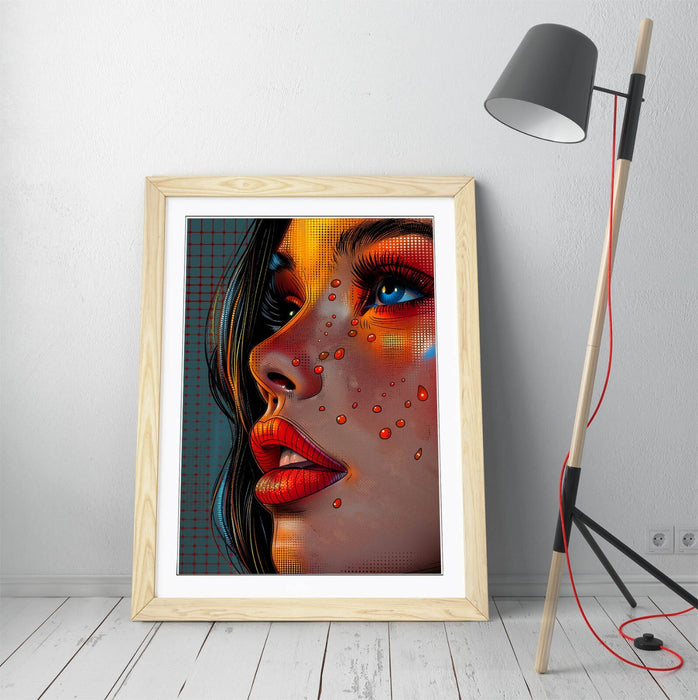 Pop Comic Wall Art - Framed Portrait Woman Pop Art Print With Woodgrain Frame Finish