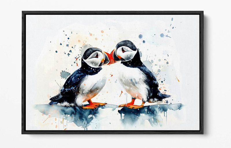 Puffins Canvas Art - Cute Couple Kissing | Premium Float Effect Frame Wall Decor