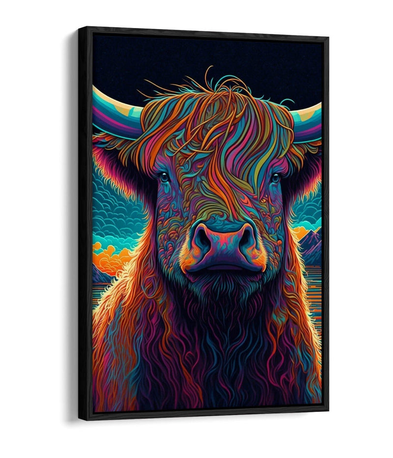 Highland Cow Canvas - Vibrant Colorful Cow Portrait | Float Effect Wall Art