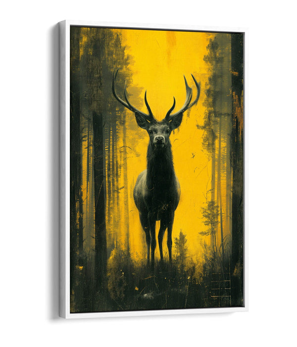 Stag Canvas Art – Black Yellow Silhouette on Float Effect Frame | Wildlife Wall Art