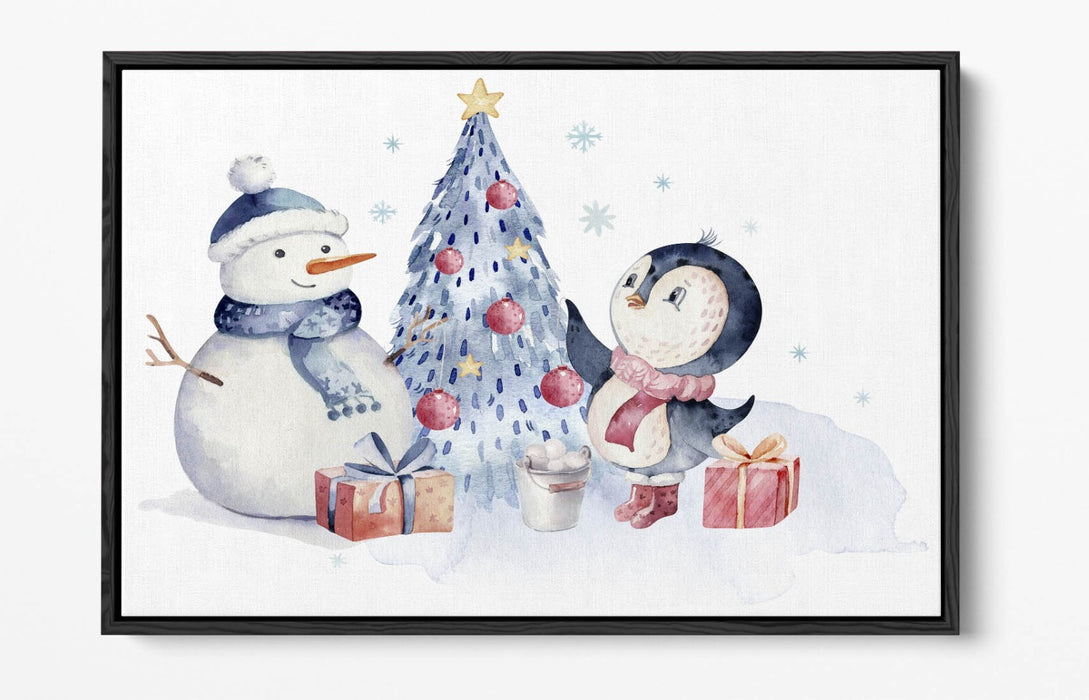 Christmas Canvas Wall Art – Watercolour Penguin & Snowman Float Effect Print