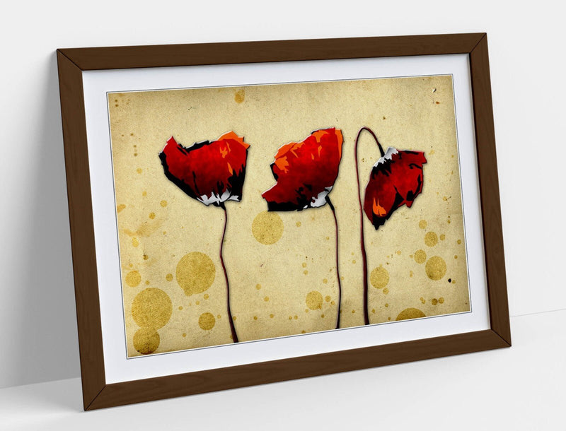 Abstract Flower Art - Red Poppies Print | Framed Wall Art with Woodgrain Frame