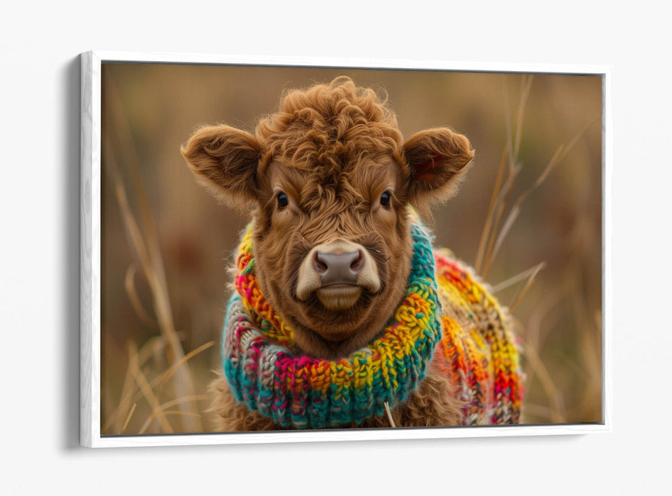 CUTE HIGHLAND COW WEARING RAINBOW JUMPER FLOAT EFFECT CANVAS ART PRINT