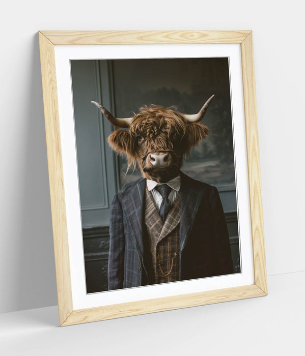 Highland Cow Wall Art - Framed Animal Poster with Woodgrain Frame, Handmade UK