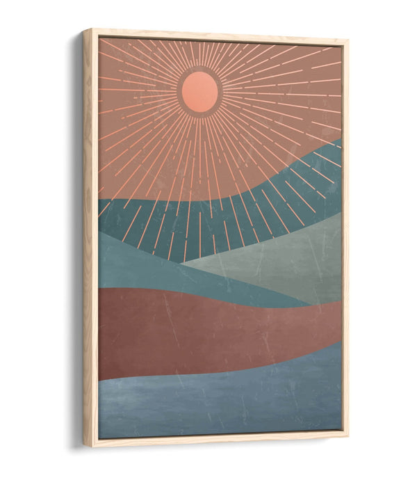 Canvas Wall Art – Abstract Sun Rays & Mountains Float Effect Print with Premium Varnish