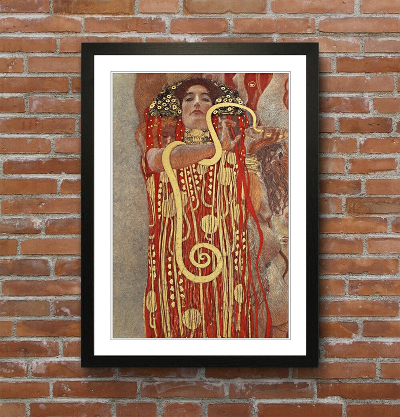 Canvas Wall Art Featuring Gustav Klimt Hygieia Goddess | Framed Canvas Print with Woodgrain Frame Finish