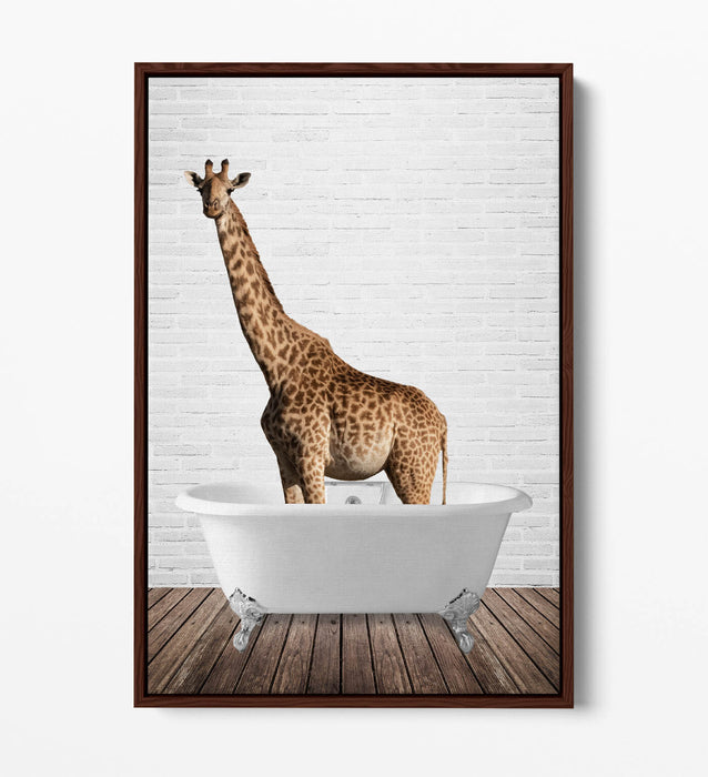 GIRAFFE IN BATHTUB -QUIRKY BATHROOM FLOAT EFFECT CANVAS WALL ART PIC PRINT