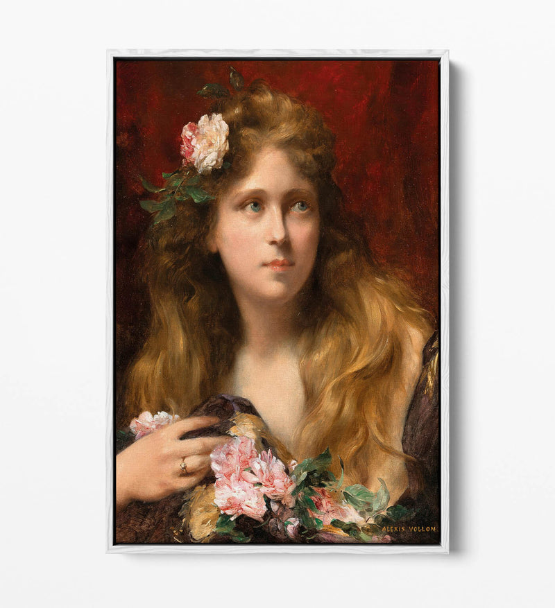 Float Effect Canvas Art – Young Lady With Roses | Premium Varnish Finish
