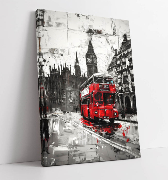 Cityscape Canvas Art - Black and White Urban City Canvas with Red Bus Wall Decor