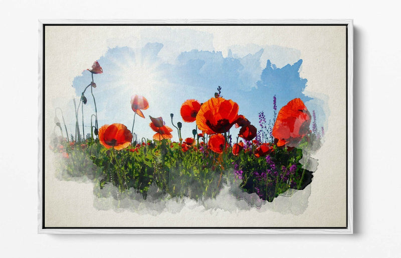 Float Effect Canvas Art - Poppy Field Landscape Watercolour Print On 30mm Deep Frame