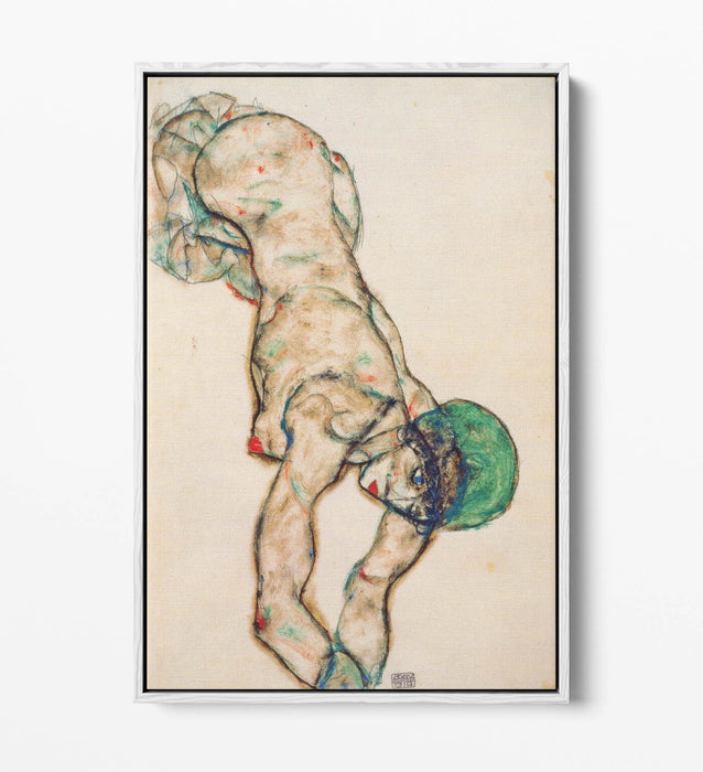 EGON SCHIELE, FEMALE NUDE WITH GREEN HOOD-FLOAT EFFECT CANVAS WALL ART PIC PRINT