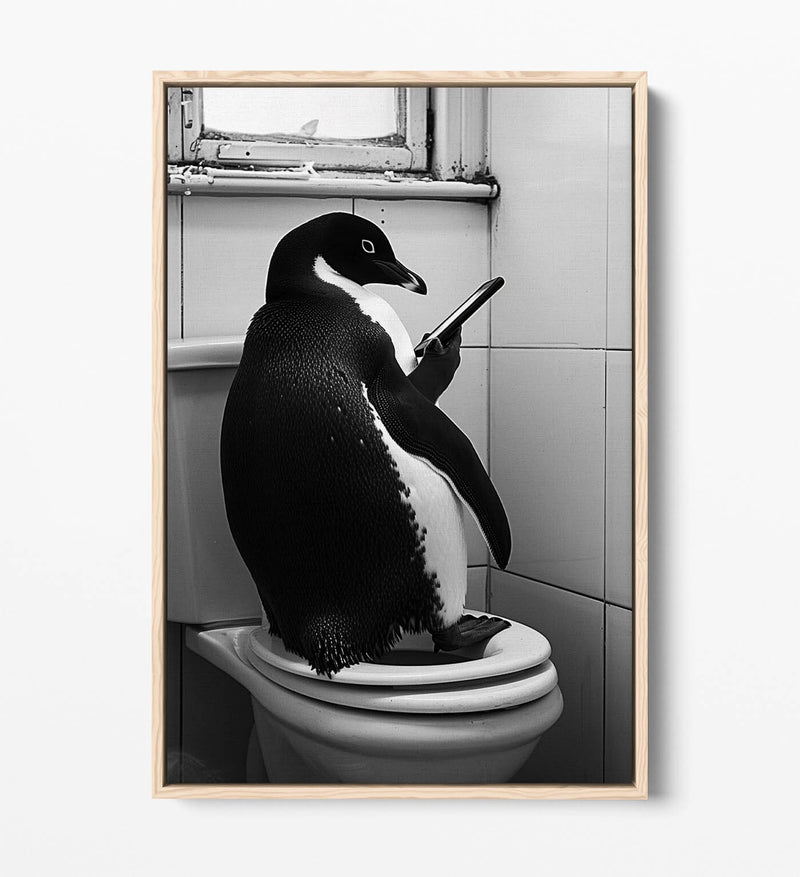 Funny Penguin Canvas – Humorous Bathroom Wall Art | Toilet Decor Print, Float Effect