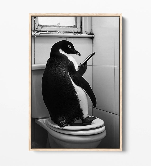 Funny Penguin Canvas – Humorous Bathroom Wall Art | Toilet Decor Print, Float Effect