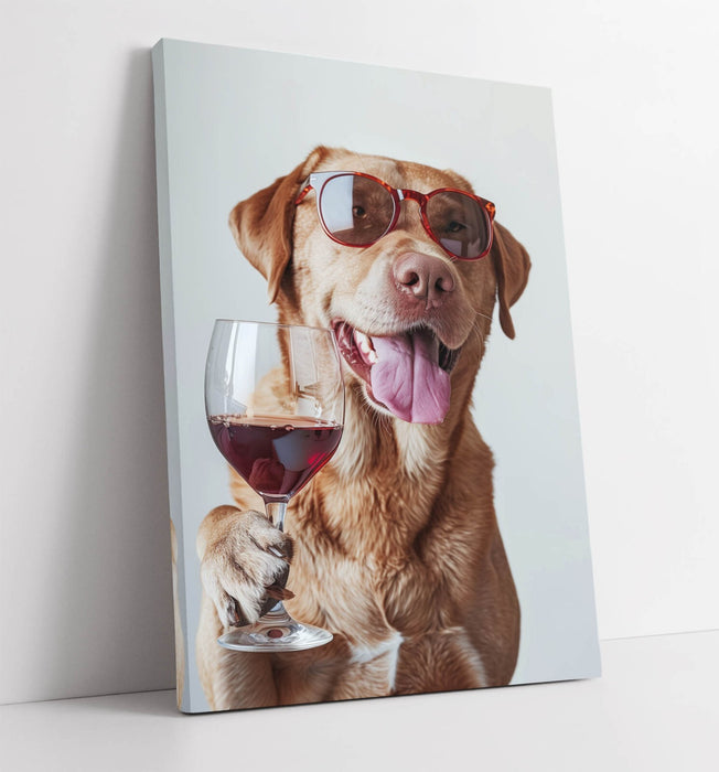 Dog Canvas Wall Art - Funny Dog Portrait With Sunglasses & Wine Print, Ready to Hang