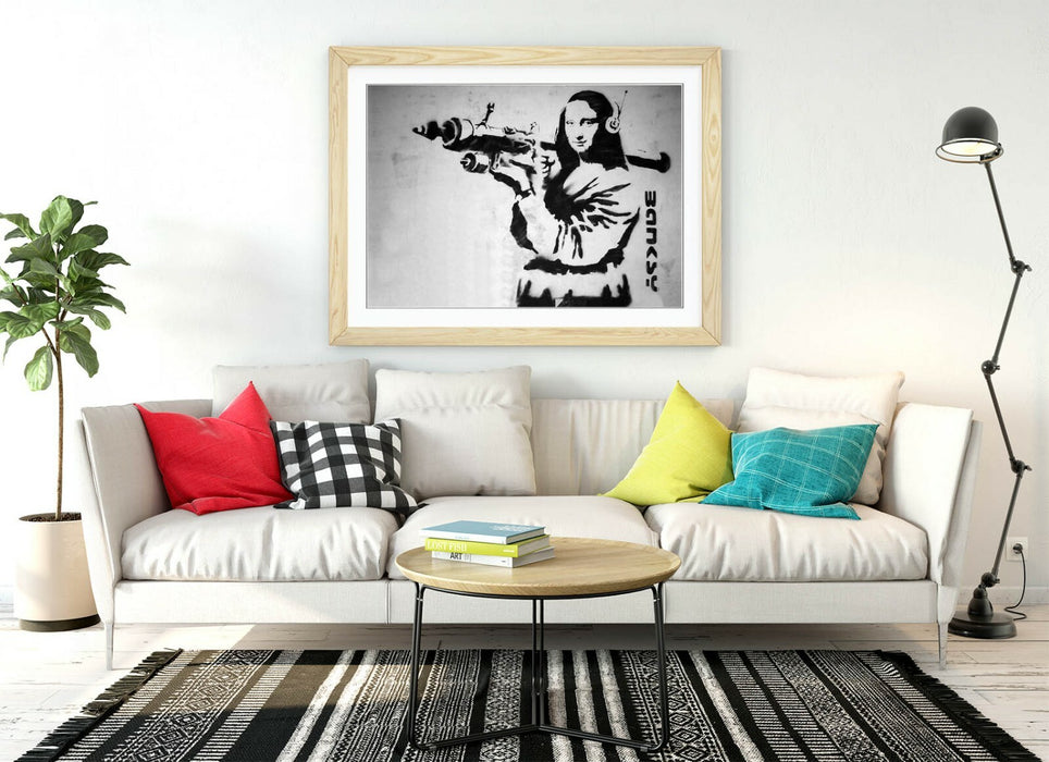 MONA LISA BAZOOKA -FRAMED POSTER WALL ART PRINT ARTWORK- BLACK & WHITE