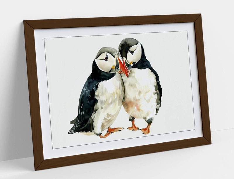 Puffin Love Wall Art - Framed Cute Animal Poster With Woodgrain Picture Frame