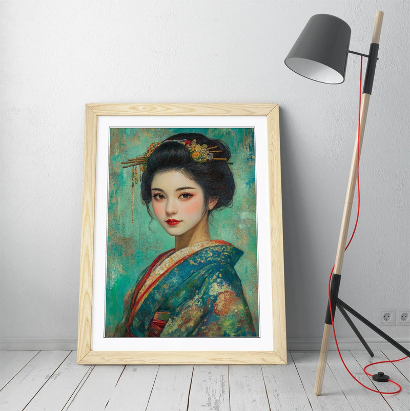 Framed Wall Art - Beautiful Geisha Art Print With Wood Grain Frame, Ready To Hang