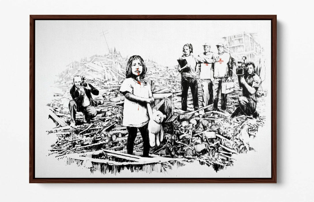 BANKSY MEDIA -FLOAT EFFECT CANVAS WALL ART PIC PRINT- BLACK & WHITE
