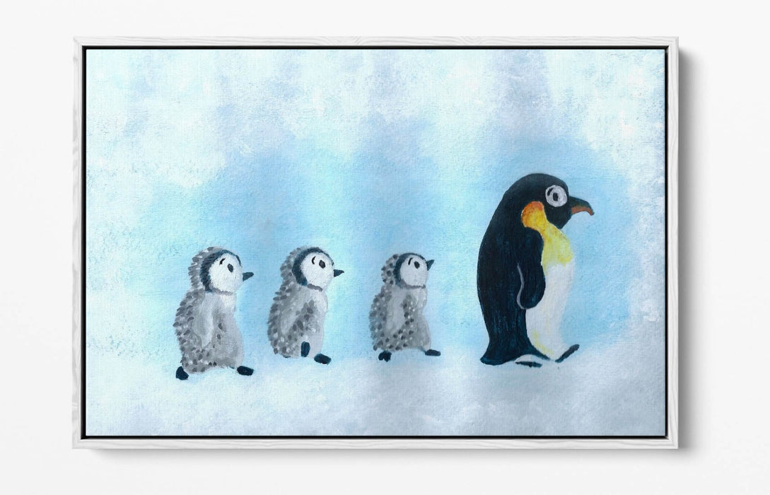 Baby Penguins Canvas - Cute Mother And Baby Penguin Wall Art | Float Effect Print