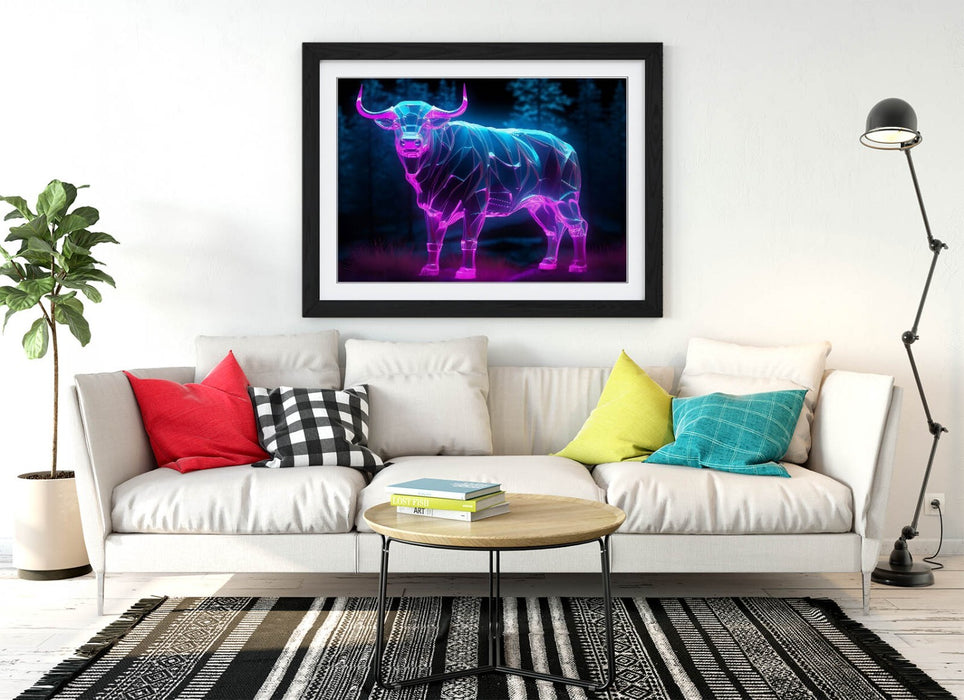 Framed Wall Art - Glowing Purple Blue Cow Poster Print | Contemporary Decor