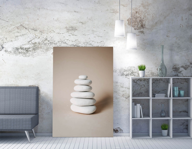 Zen Stones Wall Art – Handmade Canvas Print | White Stacked Stones Artwork