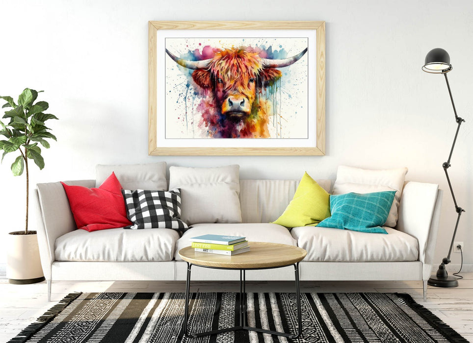 Highland Cow Wall Art – Framed Watercolour Animal Print With Woodgrain Frame