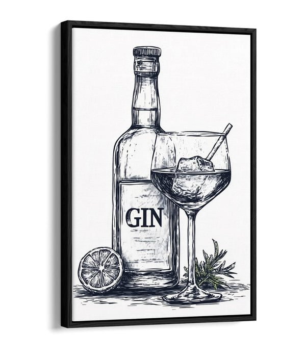 Canvas Wall Art – Gin Bottle Art With Glass Illustration | Float Effect Canvas Print