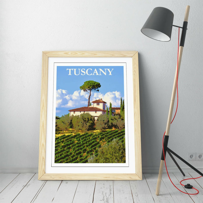 VINTAGE RETRO TUSCANY TRAVEL POSTER -FRAMED WALL ART PICTURE PRINT- BLUE