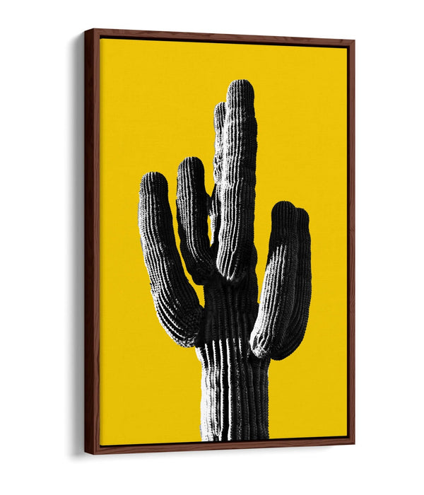TRENDY B&W CACTUS POP ART YELLOW -FLOAT EFFECT CANVAS WALL ART PRINT