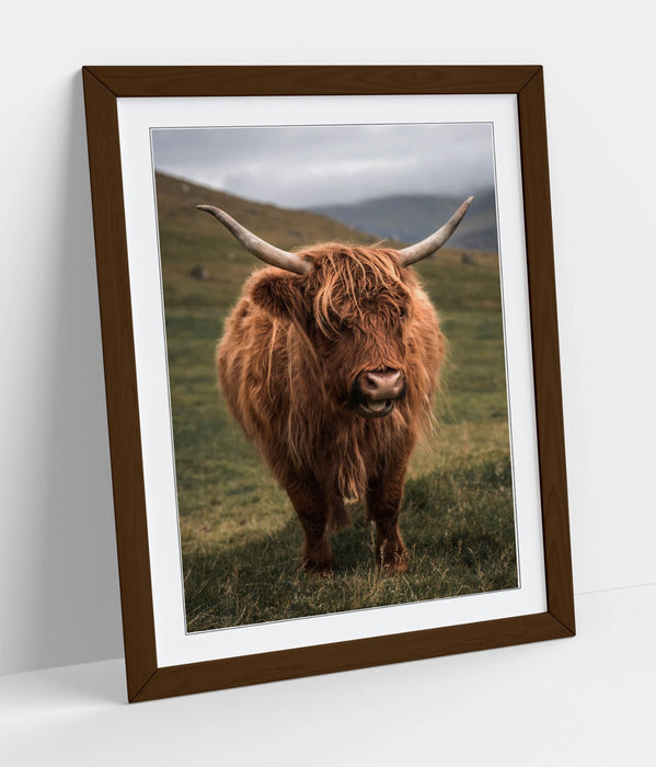 Highland Cow Wall Art – Framed Green Landscape Poster | Rustic Animal Decor