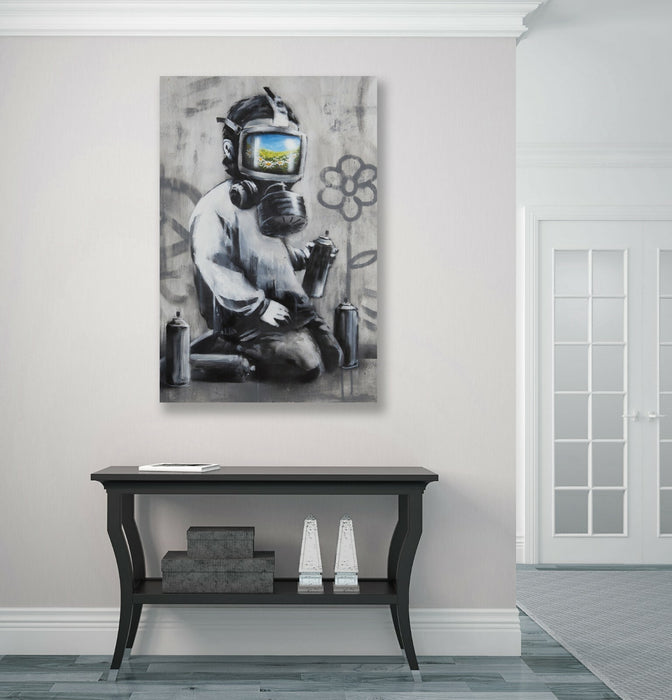 BANKSY GAS MASK BOY CANVAS WALL STREET ART PRINT GRAFFITI ARTWORK FRAMED