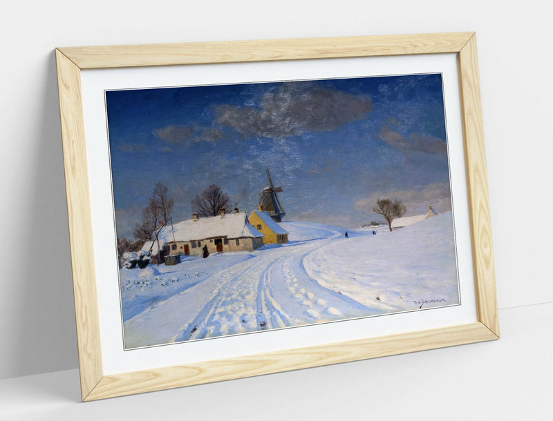 Framed Art Print - Snowy Landscape Wall Art Poster with Wood Grain Frame