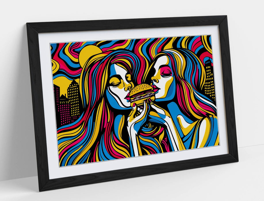 Framed Wall Art - Multi Colour Women Burger Artwork | Contemporary Poster Print 4 Sizes