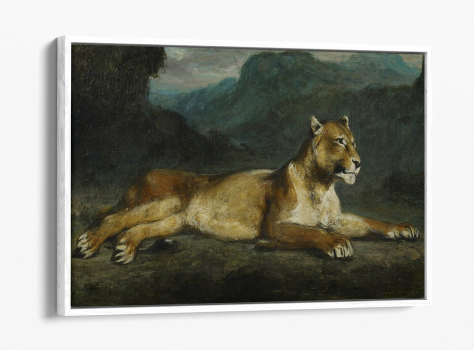EUGENE DELACROIX, LIONESS RECLINING -FLOAT EFFECT CANVAS ART PRINT