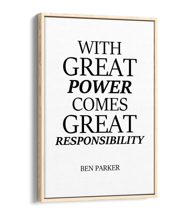 "GREAT POWER RESPONSIBILITY" SPIDERMAN QUOTE -FLOAT EFFECT CANVAS WALL ART PRINT