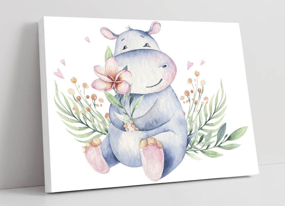 Watercolour Hippo Canvas - Cute Floral Nursery Wall Art With Vibrant Colors