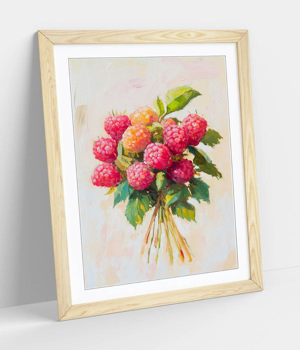 Red Raspberry Wall Art – Framed Poster Print With Woodgrain Frame Finish