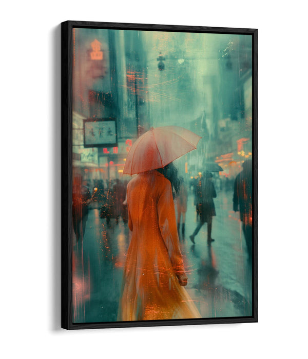 Canvas Wall Art - Woman With Umbrella in City Street | Float Effect Print