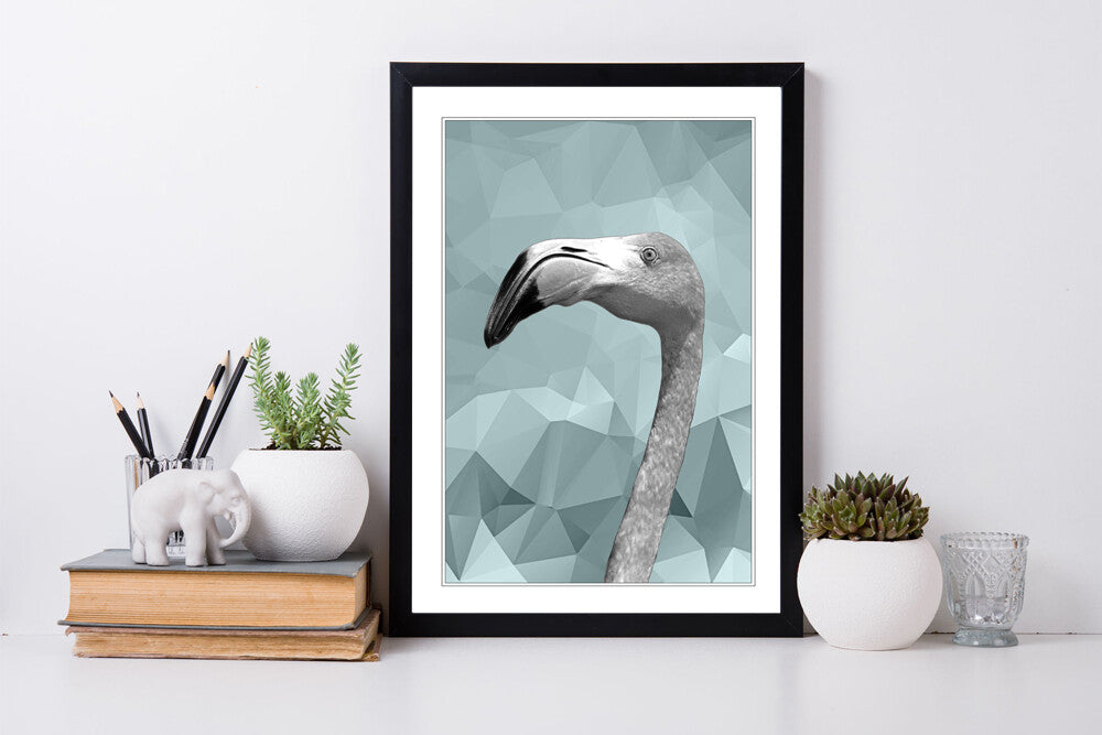 FLAMINGO BLACK AND WHITE DUCK EGG BLUE GEO FRAMED POSTER WALL ART PRINT ARTWORK