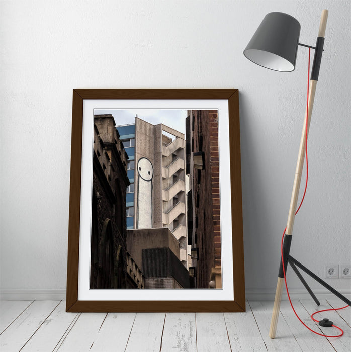 Framed Wall Art – Stick Man Poster Urban Street Art With Woodgrain Frame Finish