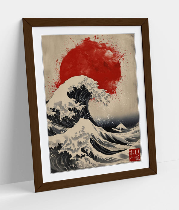 Framed Wall Art – Hokusai Wave Print With Red Sun | Bedroom Wall Decor