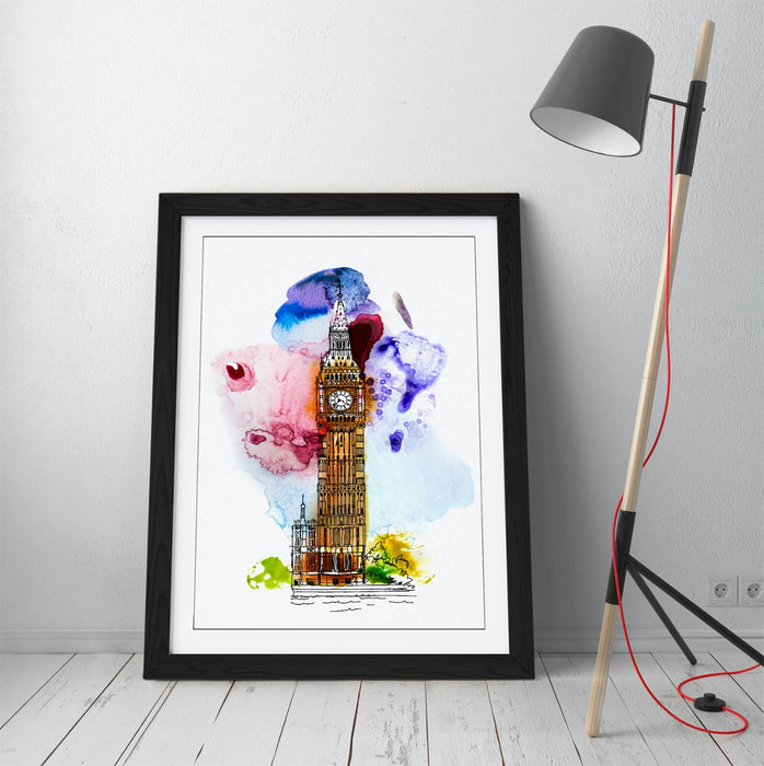 Big Ben Wall Art – London Framed Poster With Watercolour Wall Decor Print
